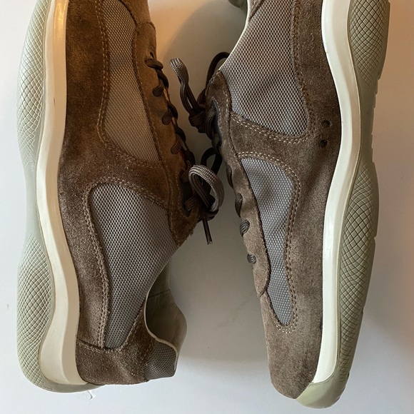 PRADA AMERICAS CUP SNEAKERS OLIVE SUEDE/MESH LOGO TONGUE/HEEL/INSOLE 10.5 EXCELL - Picture 3 of 16